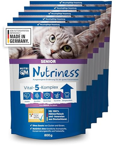 NutriQM® Nutriness Senior Trockenfutter Huhn [5×800 g] – ohne Gluten & Zucker – hohe Akzeptanz & Verträglichkeit – für ältere Katzen ab 8 Jahren – Initiative Tierwohl Zertifiziert – Made in Germany