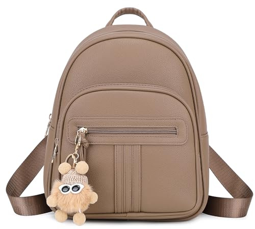 BAGOK Mini Rucksack Damen Klein – Eleganter Kunstleder Rucksack mit Steppoptik, Plüschanhänger & Quaste – Für Frauen & Mädchen im Alltag & auf Reisen(Braun)