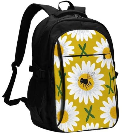 Laptop Backpack for Women Men 18 in, Travel Backpack with USB Charging Port, Anti-Theft Casual Daypack Computer Backpacks Carry On Bag for Business Hiking Work, Vintage Bee White Daisy Flowers