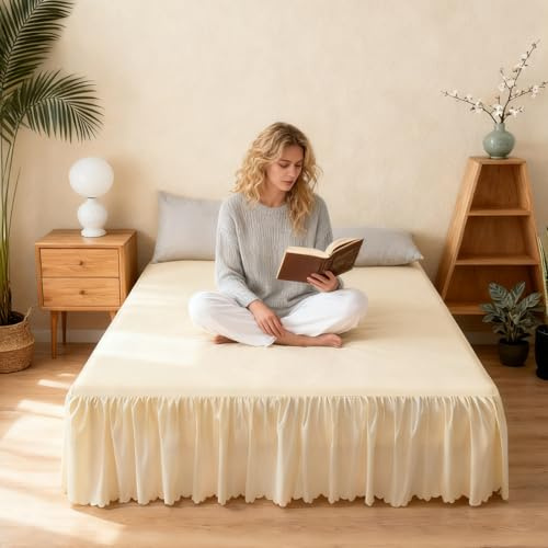 RANJIMA Jupe de lit à volants, élégant couvre-lit 150 x 200 cm avec duites de 30-40 cm Style enveloppant pour couvrir le sommier, housse de lit pour lattes de sommier
