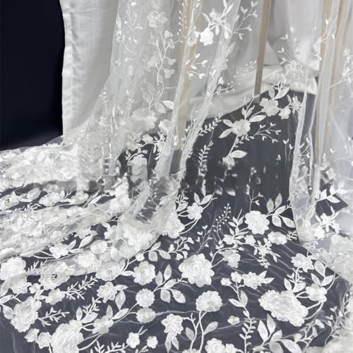 Blausky 1 Yard 3D Bestickter Blumen-Spitzenstoff,130cm Breiter Bestickter Tüll-Spitzenbesatz Tüllstoff Tüll Dekostoff zum Nähen für Hochzeitskleider Tutu Röcken Geschenk-Schleife,Weiß