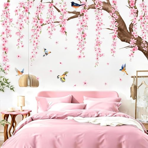 Cherry Blossom Flower Wall Stickers, Vine Wall Decals Hanging Floral Birds Tree Branch Wall Sticker for Living Room Bedroom Office Decor