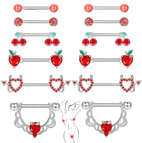 YOFDAL 6 PCS nippelpiercing Brustwarzenpiercing, Nipple Piercing Schmuck Set für Damen, Rot Silber Herz Schmetterling