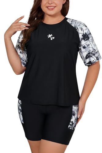 SHEKINI Womens Plus Size 2 Piece Rash Guard UPF50+ | UPF50+, Short Sleeve Swim Shirt, Built-in Bra, Boyshorts with Pockets, 82N 18E Quick Dry Swimwear, Swimming Costume