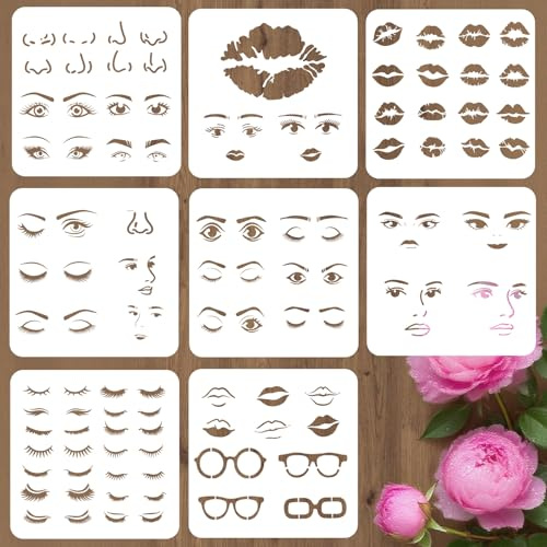 PRESSINART 8 Stück Gesichts Schablonen Set für Basteln Augen Lippen Mund Augenbrauen Nase Brille Wiederverwendbare PET Kunststoff Vorlagen für Wand Holz Glas DIY Kunst Deko 12 x 12 Zoll