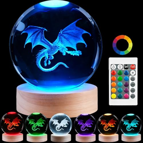 3D Drachen- Kristallkugel Nachtlicht, 3,15 Zoll Kristallkugel 3D-Lampe mit Fernbedienung 16 Farbe für Geburtstag Weihnachten coole Figuren Drachen Geschenke für Zimmer Dekoration Jungen Mädchen