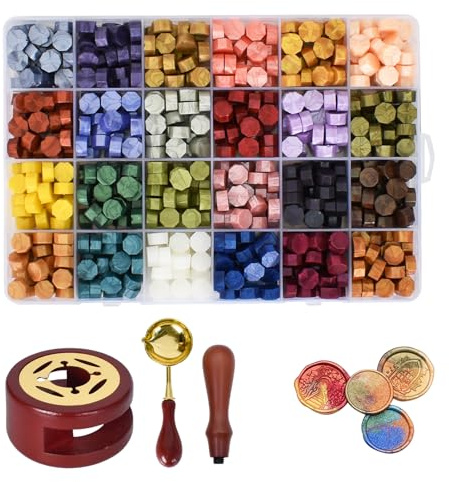 600 Stück Siegelwachs, Siegelwachs Perlen mit Wachsschmelzlöffel & Schmelzlöffel, 24 Farben Achteckiges Wachssiegel-Set für Einladungen, Karten, Umschläge, Weinpakete, Geschenkverpackungen