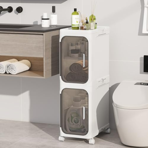 KHNR Schmaler Badezimmerschrank mit 2 Ebenen und Rollen,20x33x67 cm, Faltbar, Magnettür, Wasserdicht & Schimmelresistent, Weiß mit Transparent – PP Kunststoff Regal mit Ablagen