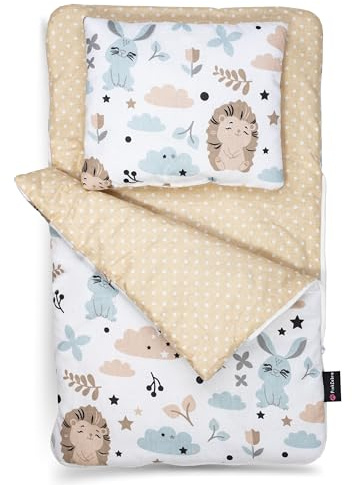 PinkZebra Puppenschlafsack beidseitig, 2-teiliges Set für kleines Puppenbett, Puppenbettzeug aus Baumwolle, für Puppen, Puppenbettzeug mit Kissen für Puppenbett, Igel