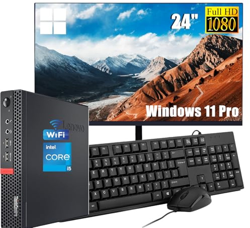 Lenovo ThinkCentre M710q Mini Desktop Computer PC con Monitor da 24, Intel Core i5-7500, 8 GB RAM, SSD da 256 GB, tastiera US QWERTY, WiFi, Bluetooth, Windows 11 Pro (ricondizionato)