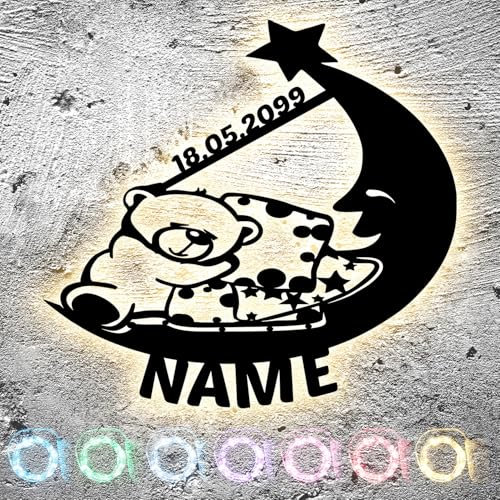 LEON FOLIEN Mond mit Bär Schlummerlicht Nachtlicht personalisiert mit Namen & Datum lasergravur Kinder Baby Junge Mädchen