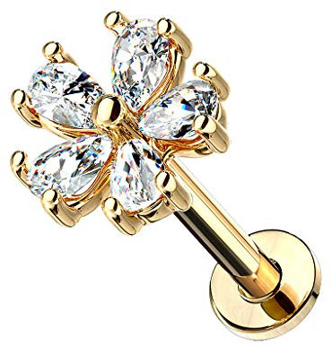 Taffstyle Piercing Stab Stecker Lippenpiercing Ohrpiercing Labret Lippe Ohr Tragus Helix Platte Stud Blüte Blume mit Glitzer Strass Kristall Gold 8mm