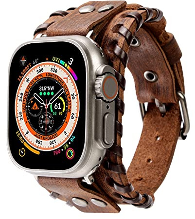 KONAFEI Compatible with Apple Watch Band 49mm 45mm 44mm 42mm 41mm 40mm 38mm iWatch Ultra Series 8/7/SE/6/5/4/3/2/1 for Men Women, Leather Handmade Cuff Bracelet Woven Vintage Strap