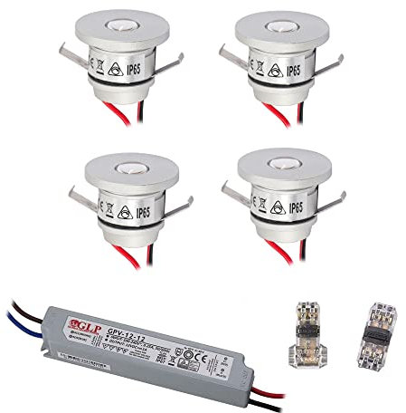 VBLED 4er Set 1W Mini-Einbauspot, Mini Spot IP65 Warmweiss Inkl.12W LED Trafo 12V DC, IP67