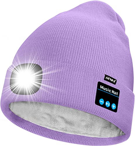 ATNKE Unisex LED Bluetooth Mütze mit Licht,Wiederaufladbare USB 4 LED Musik Redner Laufmütze Lampe Winter Warme Gefüttertes Fleece Stricken Mütze für Herren und Damen Geschenke/Taro Purple