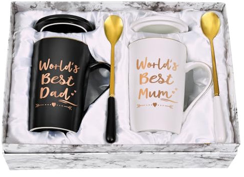 Joymaking World's Best Mum and Dad Coffee Mug Gifts Set Anniversary for Parents, 14Oz Ceramic Coffee Cup Birthday Chirstmas Gifts for Mum and Dad, Personalised Gifts Wedding Anniversary, Balck-White