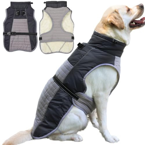 Fiyade Hundejacke Hundemäntel, Warmes Fleecefutter Winterkleidung, Hundemantel mit Geschirr-Traktionsring, Reflektierende Jacke für Welpe Kleine, Mittelgroße Große Hunde Weste, Schwarz XS