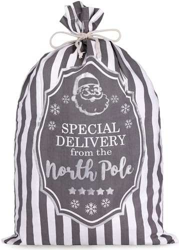 BRUBAKER Weihnachtssack Special Delivery from the North Pole - Weiß Grau - 80 cm Geschenksack Weihnachten - Nikolaussack Sack Baumwolle mit Kordel zum Verpacken - Weihnachtsmann Post