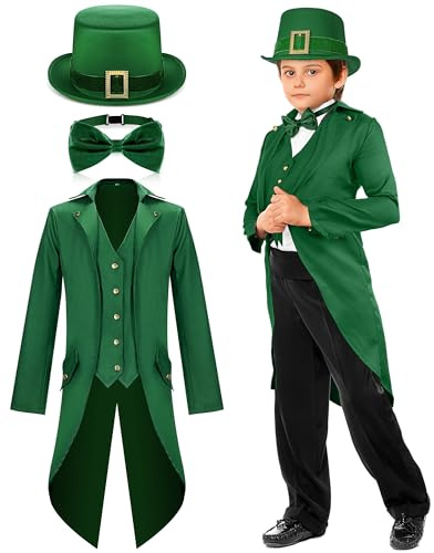 Geyoga Boys St Patrick's Day Outfit Kids Leprechaun Costumes Gothic Vintage Steampunk Tailcoat with Leprechaun Hat Bow Tie(165)