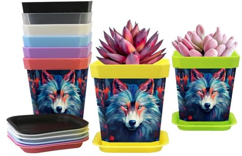 Lot de 8 pots de fleurs avec bases - Motif loup mignon - Petits pots pour plantes grasses intérieur/extérieur - Pour jardin et chambre d'enfant