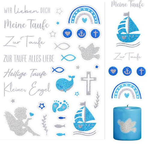 COLOFALLA 5 Blätter Taufe Sticker Kerzentattoos Kommunion Blau Glitzer Taufe Aufkleber Kommunion Sticker Konfirmation Aufkleber für Junge (Blau)