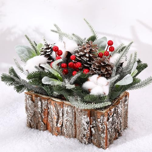 Zhehao 9.8 x 8.3 x 5.5'' Small Christmas Tree, Artificial Square Mini Tabletop Christmas Tree Decorations Include Apple, Star, Pinecones, Pine Leaf Berry for Christmas Decoration (Cotton)