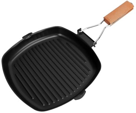Sartén Portátil Para Parrilla De Carne De Hierro Fundido, Sartén Antiadherente Con Mango De Madera Plegable, Sartén Cuadrada Versátil Para Barbacoa En Interiores(24cm)