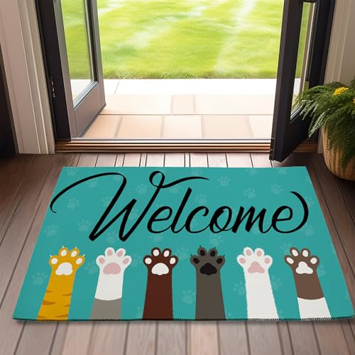 Welcome Cat Dog Paws Welcome Door Mat,Cute Cartoon Door Mat for Outside Entrance Home Decor,Non-Slip Carpet Rugs with Felt Entryway Mat for Patio Indoor Front Door 17 x 30