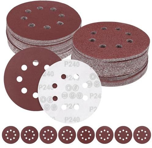 104 Pezzi Dischi Abrasivi 125mm,Dischi Abrasivi 8 Fori Fogli Carta Abrasivi,Grana 40/60/80/100/120/150/180/240,per Levigatura/Lucidatura/Spolveratura per Levigatrice Orbital Bosch Einhell Parkside
