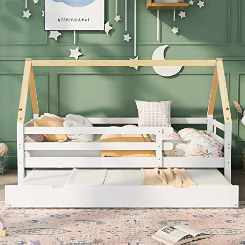 Gelukueub Cama para casa en el árbol individual, extraíble y deslizante, con ruedas inferiores, madera maciza, color blanco con silla bajo techo natural (90x
