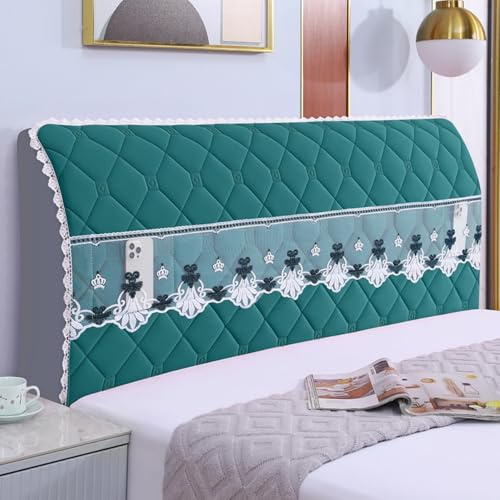 JANEMUA Bed Headboard Slipcover with Lace Pocket, Solid Color Headboards Cover, Lozenge Pattern Dustproof Protector Cover-Green||240cm