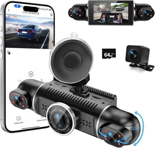 Dash Cam Front Rear Camera: 4K / 1080P Dashcam for Car 4 Channel 4 x 140° Wide-Angle with 3 IPS Screen, Car Dashcam with Loop Recording IR Night Vision 24H Parking Mode G-Sensor App Control 64GB SD