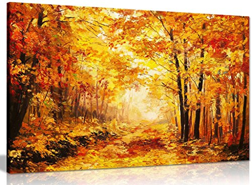 Abstract Vivid Oil Painting Colourful Orange Yellow Autumn Forest Leaves Canvas Wall Art Picture Print (18x12in)
