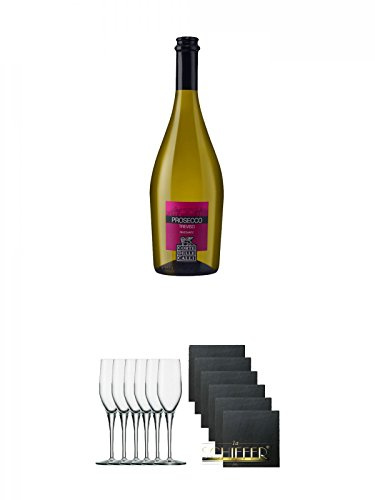 Corte delle Calli Prosecco Frizzante DOC mit Kork und Kordel Italien 0,75 Liter + Stölzle Exquisit Sektkelch 6er Pack + Schiefer Glasuntersetzer eckig 6 x ca. 9,5 cm Durchmesser