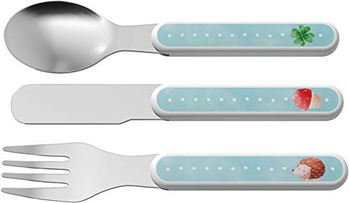 HABA 305135 - Besteck Glück, Besteckset für Kleinkinder aus Edelstahl mit ABS-Griffen, 3-teilig mit Gabel, Löffel und Messer, für die Spülmaschine