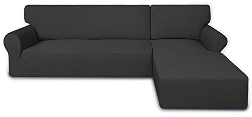 PureFit Super Stretch Sectional Couch Covers - 2 pcs Spandex Non Slip, with Elastic Bottom for L Shape Sectional Sofa Couches, Great for Kids & Pets (3 Seat Sofa + 3 Seat Chaise, Dark Gray)