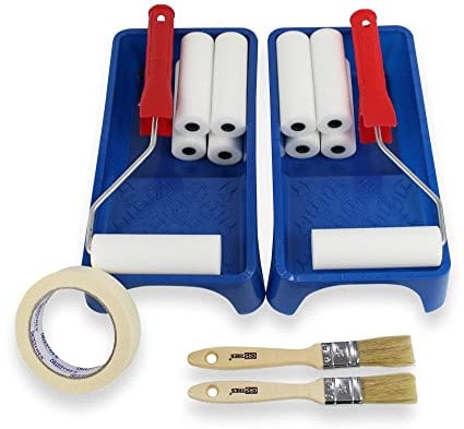 MAXI KIT - 2 Rouleaux de peinture petite + 10 Pièces de rechange en mousse de 11 cm + 2 Plateaux de peinture + 2 Pinceaux + Ruban de masquage
