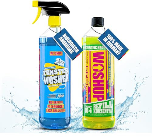 WOSHUP! Fensterreiniger Xtra Skin Schutzfilm 1000 ml Glasreiniger für Plexiglas Acrylglas, Scheibenreiniger für Wohnwagen, Wohnmobil, Auto, Caravan, Streifenfreie Reinigung innen und außen