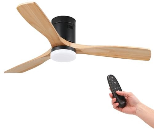 M mimotec- Ventilatore a Soffitto Led Energy 58W Nero, telecomando, motore DC 40W+Luce Led 18W, 6 velocità, Silenzioso,3 Pale in legno naturale, 132 cm, funzione estate-inverno, timer