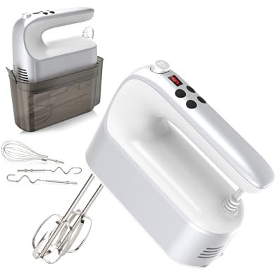 Yomelo Digital Hand Mixer, Electric Whisk, Hand Whisk Electric with 9 Speeds, Snap-On Storage Case, Touch Button, Turbo Boost, 5x Stainless Steel Accessories (Silver White)