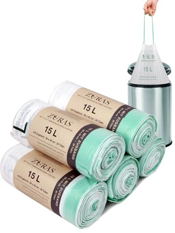 ZURAS® Bolsas de basura ecológicas de 15 litros con cordón 150 bolsas de basura compostables y biodegradables, certificadas y probadas según DIN EN 13432, resistentes al desgarro e impermeables