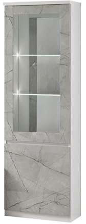 AltoBuy DEYTON - Vitrine Gauche Laquée Blanc et Gris Marbré avec LEDs