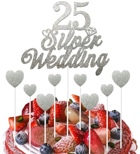 25th Wedding Anniversary Cake Toppers Set, Silver Glitter Wedding Anniversary Heart Cake Decorations for 25th Silver Celebration Party Supplies