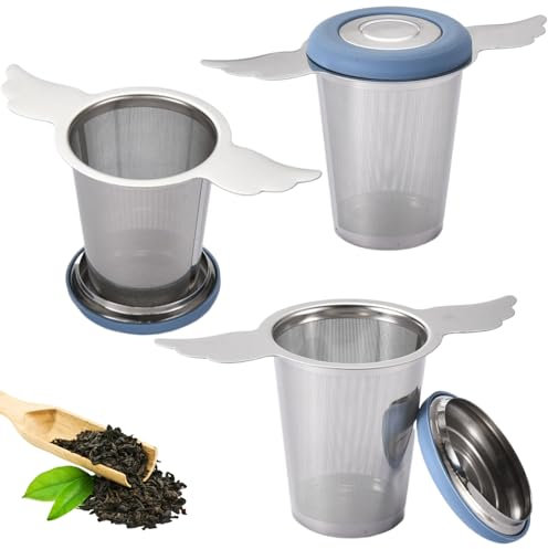 3-Stück Teesieb für Losen Tee aus Rostfreier Edelstahl 18/8, Sehr Fein Sieb für Tee mit Deckel/Abtropfschale, Geräumiger Teefilter mit Breiter Doppelgriff für Teekanne/Tasse/Becher, Spülmaschinenfest