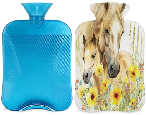Horse Flowers Hot Water Bottle with Cover, Floral Horse Pattern 2L Hot Water Bag for Pain Relief, Neck and Shoulder, Hand Feet Warmer