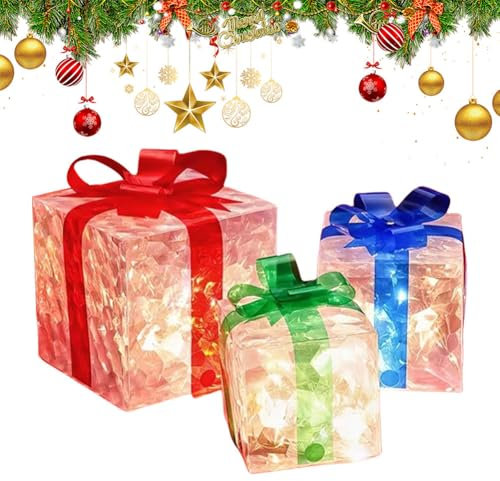 Light up Present Boxes Christmas, Christmas Decoration, Christ-mas Glowing Decoration Gift, Ornament With Bow Christ-mas, Xmas Light Under Xmas Tree Luminous Outdoor Decorative Gift (Multicolor)