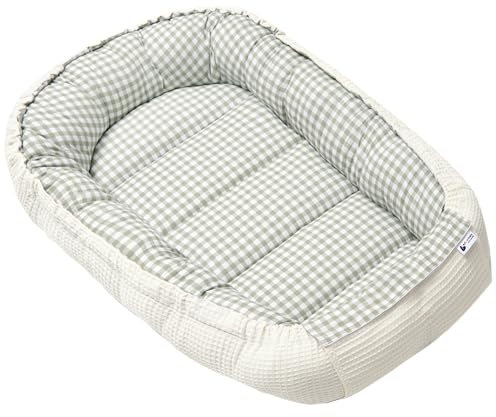 Medi Partners Babynest Nestchen für Neugeborene - 100x60x15 Babynestchen Baby zweiseitg Nest Bett 100% Baumwolle Waffel Kuschelnest tragbar (Kariert mit olivfarbenem Waffel)