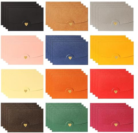 XIAQICA 48 Stück Mini Umschläge Bunt 12 Farben Perlglanz Klein Briefumschläge Bunt Geschenkkarte Umschläge mit Herz Verschluss für DIY GeschenkKarten, Weihnachten, Hochzeit, Grußkarten 10,5 x 7CM