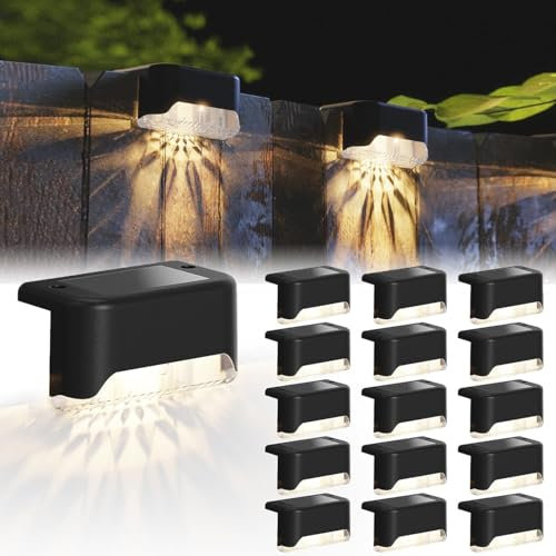JACKYLED 16 Pack Solar Fence Lights – Waterproof LED Solar Step Lights Outdoor, Deck Decorative Lighting for Stairs, Fences, Railings, Yards, and Pathways(Black)