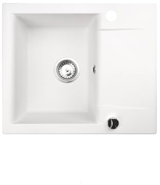 QLS Fregadero de cocina de granito con escurridor LUNA, 59 x 44 cm, reversible, con sifón automático, para armario bajo de 40 cm, negro, blanco, beige, gris, mate, compacto (blanco)